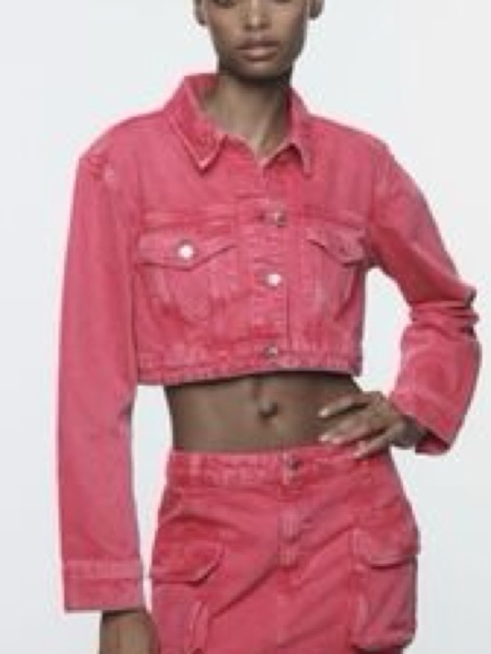 Zara Red Pink Cropped Denim Jacket Sz Small